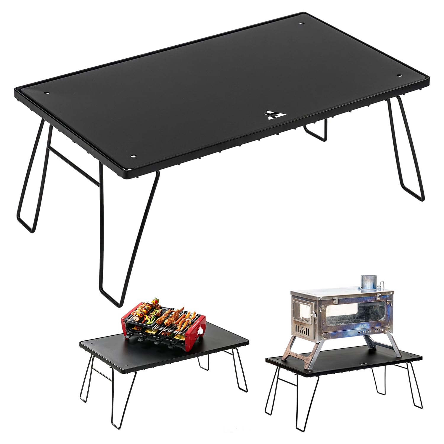 POMOLY Camping Stove Table Foldable Portable Wood Stove Table Base for Grill with Filler Table Panel Steel (23.6''×15.8'')