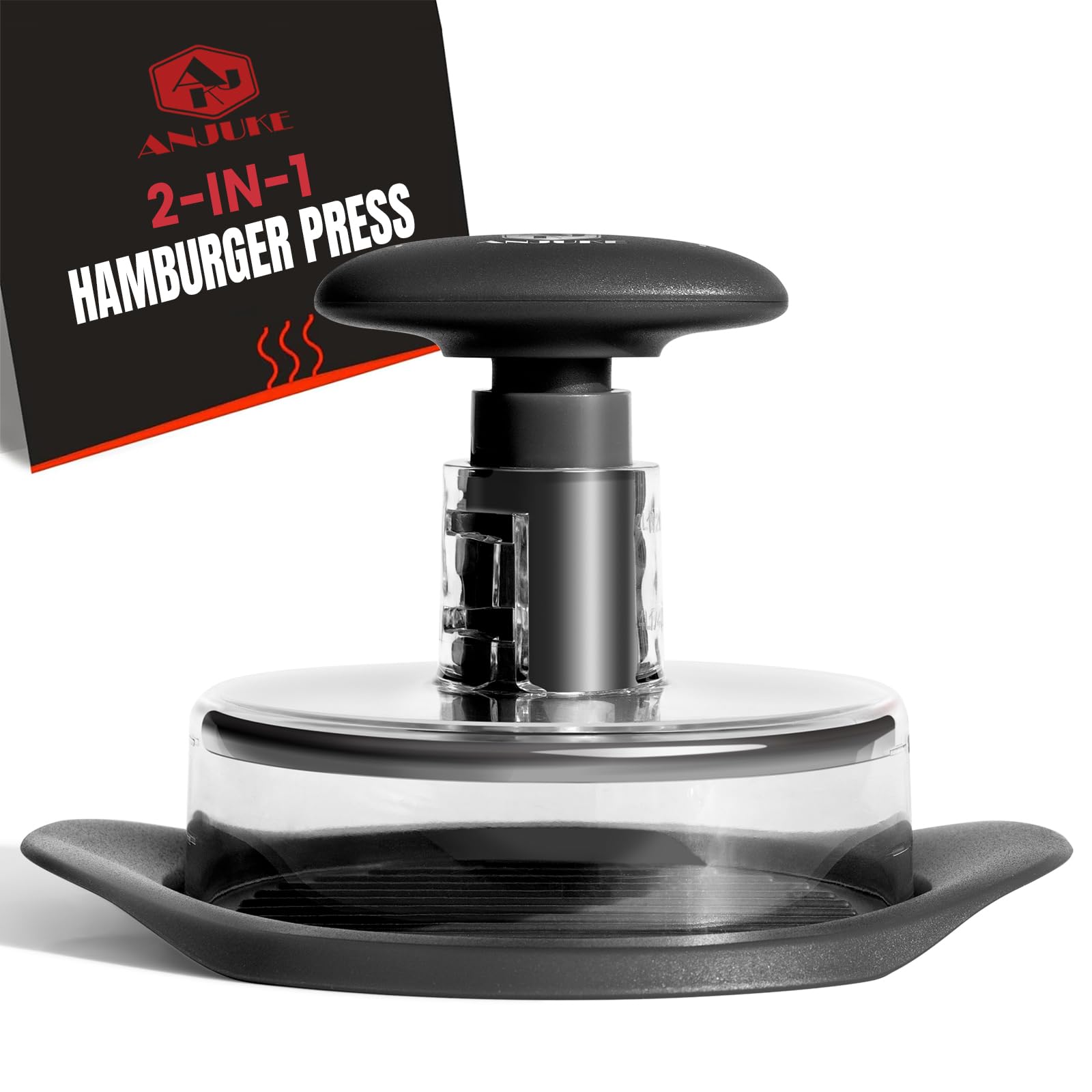 ANJUKE Burger Press, 6.4 inch Round Burger Smasher, 2 in 1 Non-Stick Burger Press Patty Maker for Making 1/2 lb and 1/4 lb BBQ Baking Stuffed Burgers Beef Burger(Black)