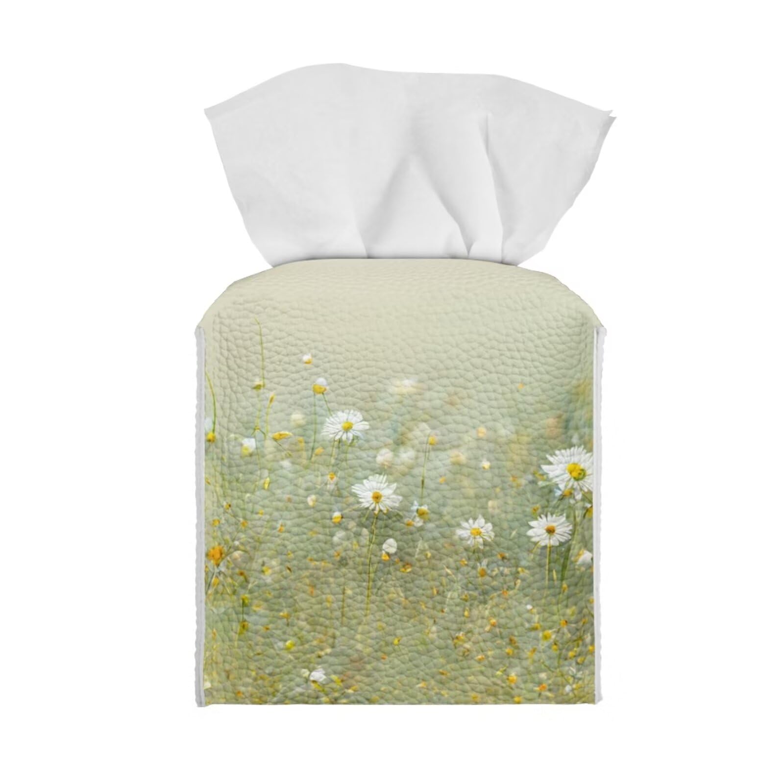 Tutolipy Daisy Floral Print Tissue Cover Tissue Case Box with Bottom Belt Tissue Box Holder Square Tissue Dispenser Box Novelty for Bathroom Office Parlor Green โ image 1