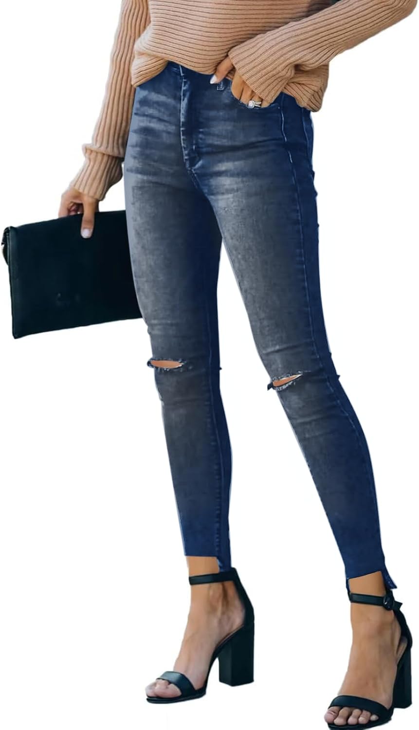 PerZeal Women's Skinny Ripped Trendy Jeans Mid Waisted Destroyed Denim Pants with Frayed Hem (Pack of 2) - Image 3