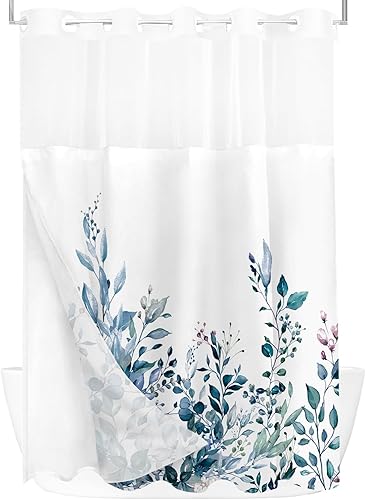 Vista 250 de Tititex - Juego de cortinas de ducha de eucalipto verde oliva, hojas de acuarela en la parte superior con decoración floral de baño, 60 x 72 Hojas