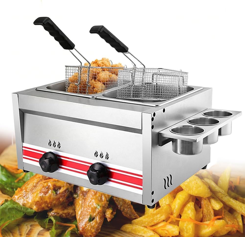 20L Commercial Propane Deep Fryer, Countertop Stainless Steel Dual Tank Frying Machine, Kitchen Gas Deep Fryer, Oil Fryer with 2 Baskets and Lid for French Fries Donuts Snack