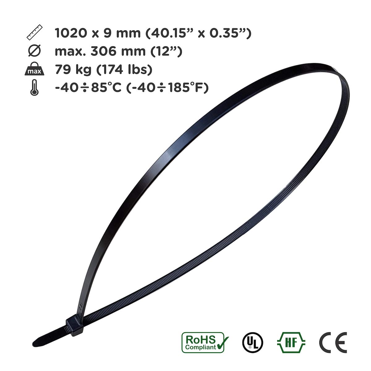 Image secondaire de intervisio Collier de Serrage Grande Taille 1000 mm x 9 mm, Attache Câble, Serre Câbles Grand Rilsan Nylon, Colliers Serre-Cable