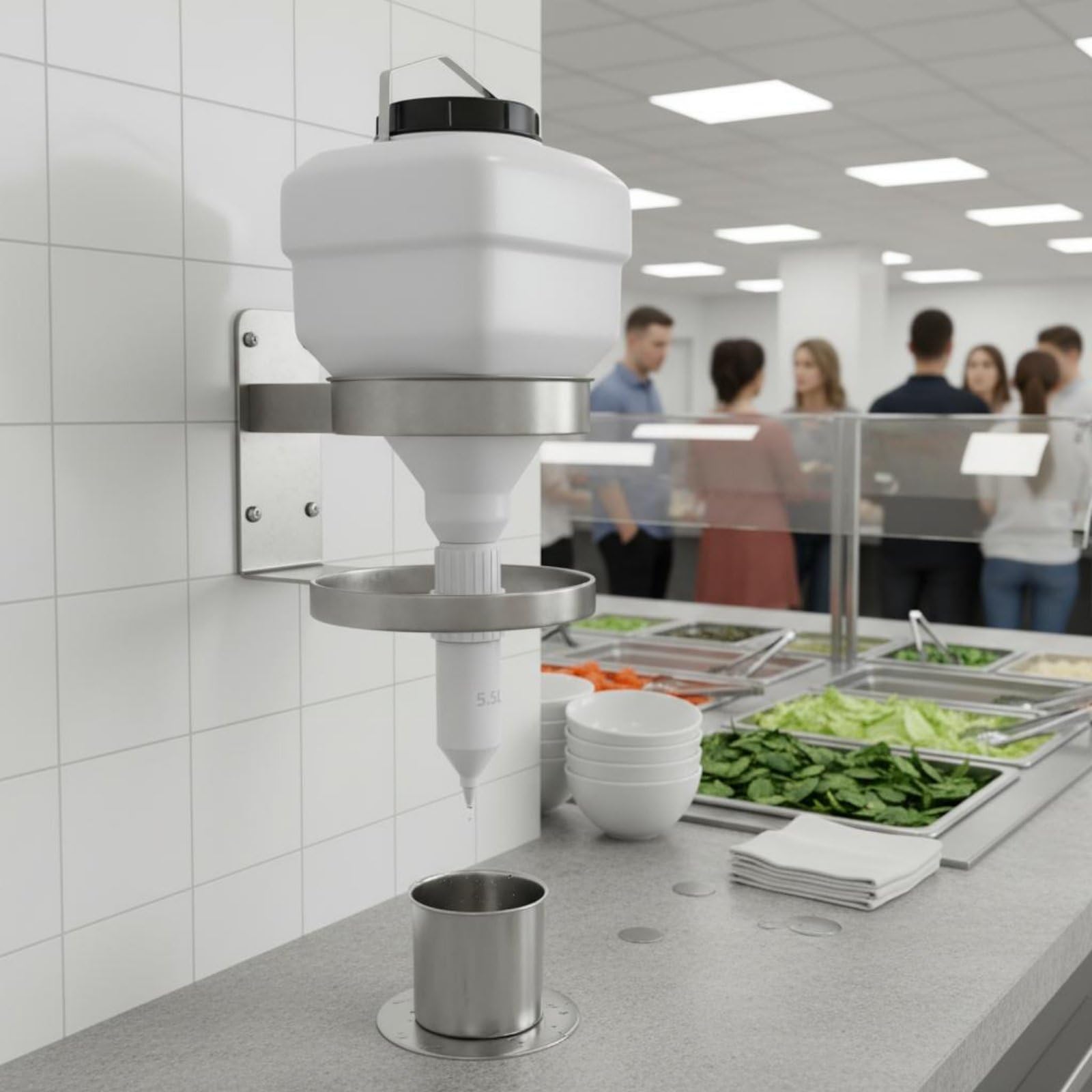 Dispenser di Salse con Porzionatore Preciso Struttura Durevole in Plastica E Metallo Design Sospeso per Ordine Sul Banco Lavoro Adatto a Ristorazione, Barile Quadrato 5,5L