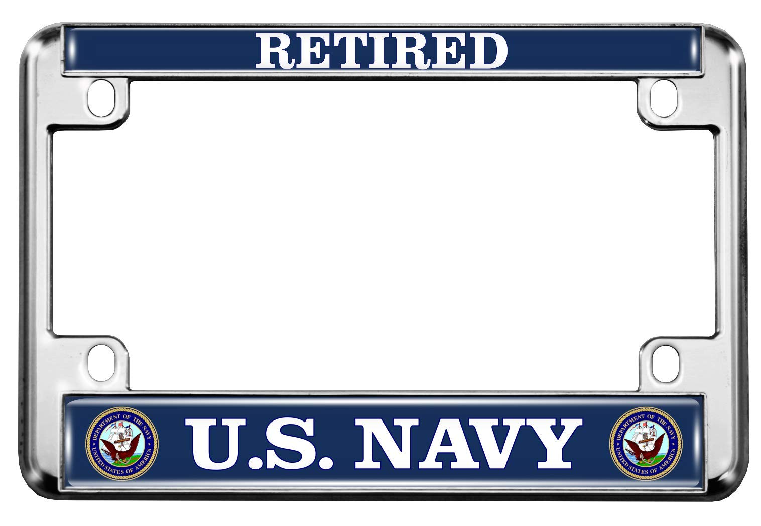 [Officially Licensed Product] - Motorcycle Metal License Plate Frame with U.S. Navy Retired, Eagle and Anchor Logo Design - Chrome