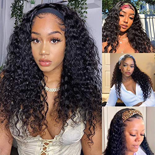 Headband Wig Deep Wave Human Hair 22 Inch Wigs Glueless Headband Wig Deep Wave None Lace Front Wigs Machine Made 150% Density Brazilian Human Hair Curly Hair Natural Color