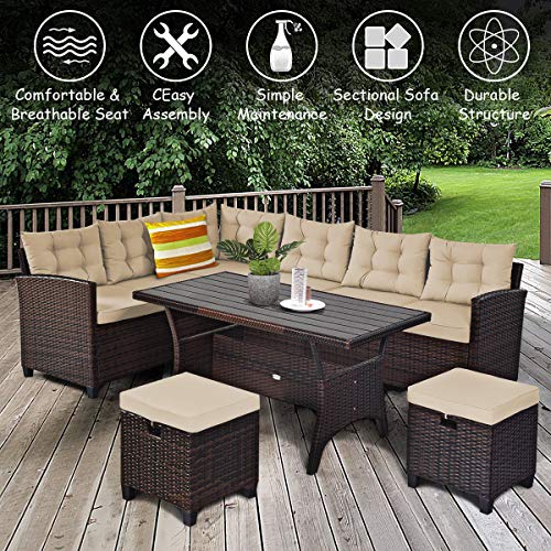 Tangkula 5 Pcs Patio Furniture Set, Outdoor Conversation Set With 6 Cushioned Seat 2 Ottomans & Coffee Table, All Weather Wicker Dining Table Set With Ottoman, Rattan Sectional Couch Sofa Set #TOP7