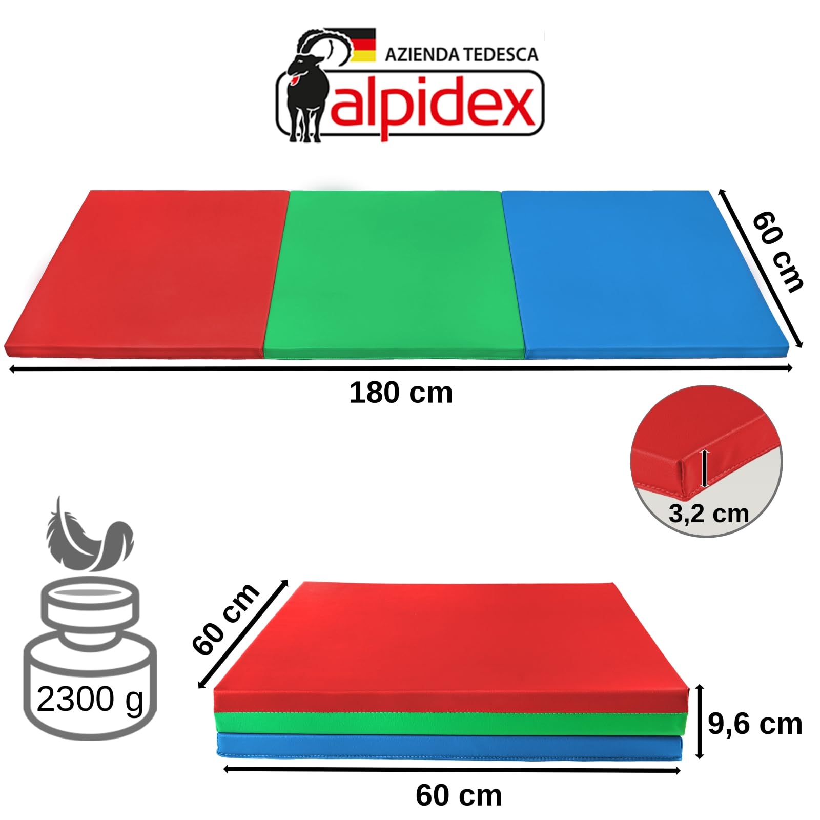 ALPIDEX Tappetino da ginnastica pieghevole da casa 180 x 60 x 3,2 cm per bambini e adulti