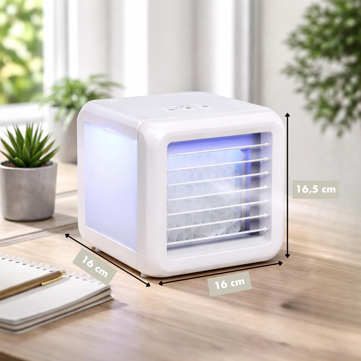 Mini Air Cooler - Mobile Klimaanlage ohne Abluftschlauch Ventilator mit Wasserkühlung - Luftbefeuchter Lüfter 3 Stufen mit 2 Kühlelementen - 16 x 16 x 16,5 cm