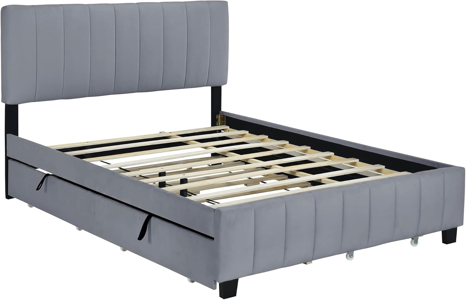 Harper & Bright Designs Queen Size Upholstered Bed with 1 Twin XL Trundle and 2 Storage Drawers, Velvet Platform Bed Wood Frame, No Box Spring Needed (Gray)