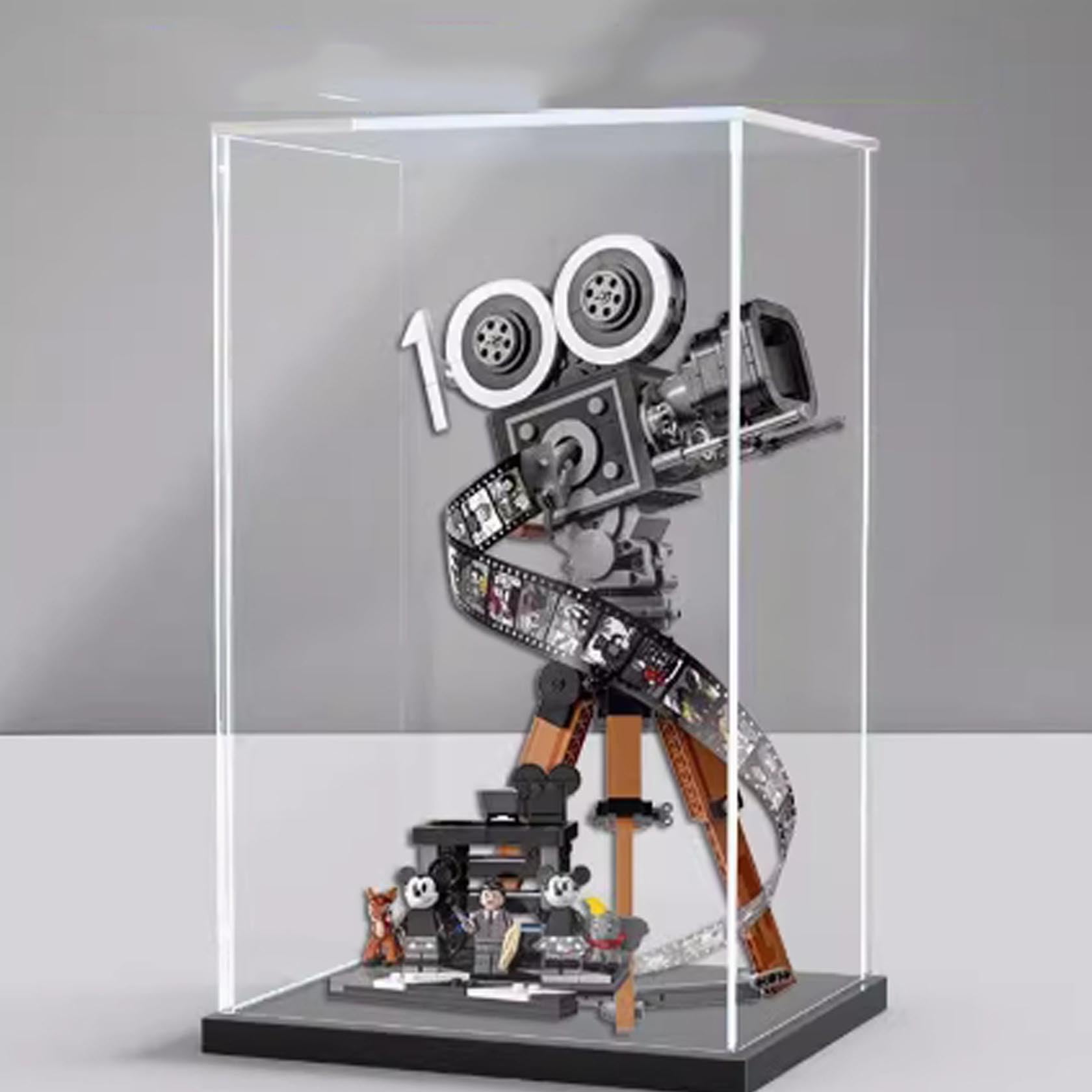 Acryl-Vitrine für Lego 43230 Kamera-Modell, staubdichte transparente Acryl-Vitrine, Aufbewahrungsbox (Modell nicht im Lieferumfang enthalten) (schwarzer Sockel)