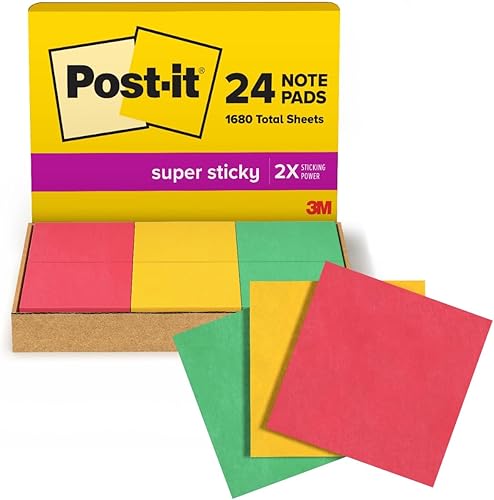 Post-it Notas súper adhesivas de 3 x 3 pulgadas, 24 blocs por paquete, 70 hojasbloc, kit de taller, rojo, amarillo, verde (654-24SSANSIOC)