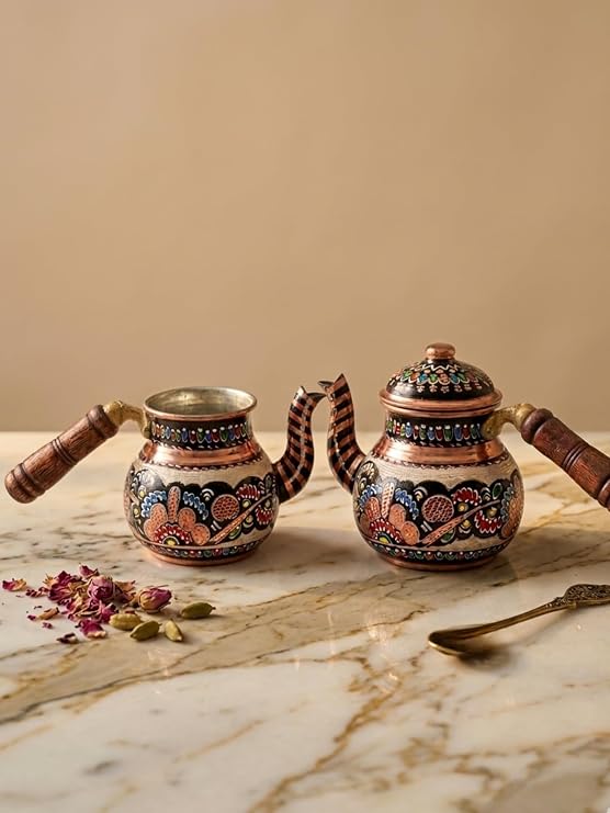 Erzincan İşlemeli Bakır Çaydanlık, El Yapımı, 2 Kişilik, Dekoratif, Günlük Kullanıma Uygun