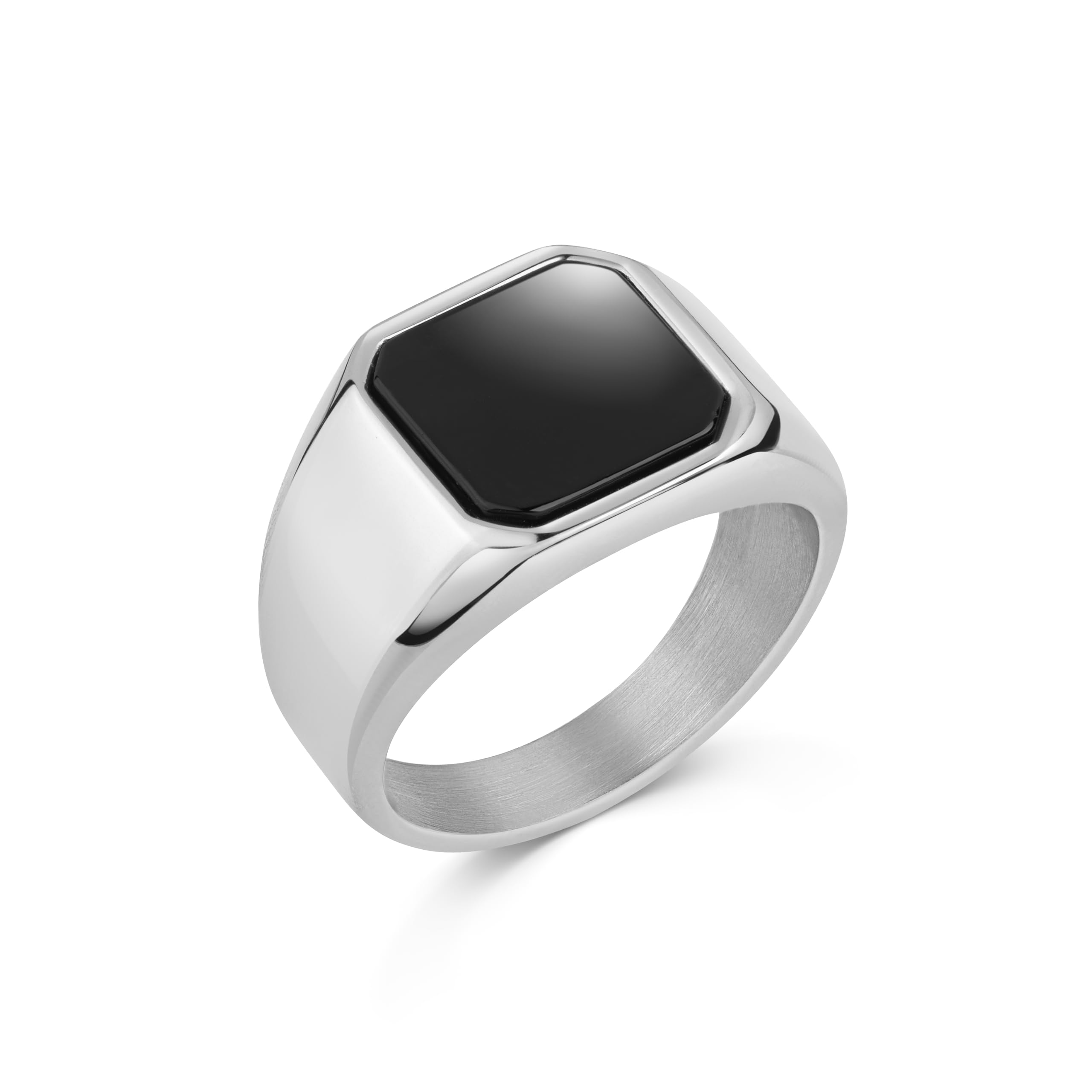 DJADEE Innovative Herren Ring Edelstahl Silber Weißgold beschichtet Onyx Stein schwarz Herrenring Wasserfest Nickelfrei Geschenk für Männer Jungs
