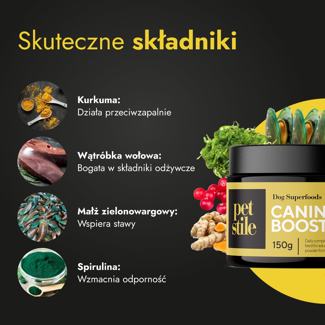 Canine Booster – suplement dla dorosłych psów z małżem zielonowargowym, kurkumą i probiotykami, wspiera stawy, trawienie, skórę, sierść i odporność (2x 150 g)