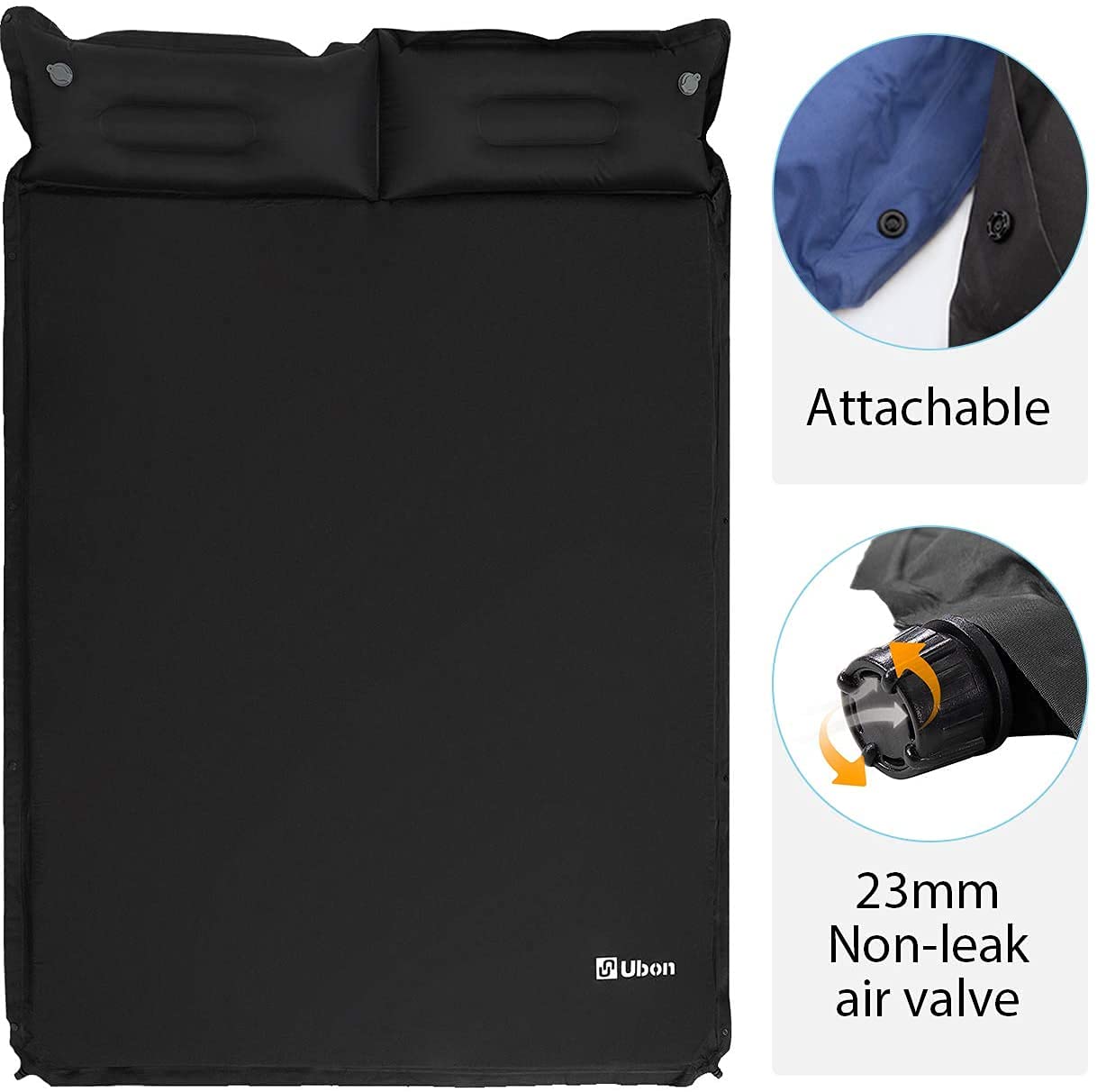 Ubon Colchón de Aire Dormir Camping Ligero Autohinchable Portátil Cómoda para 2 Personas 3.6cm Almohada Ergonómica Relleno de Esponja Cama de Camping Negro 190 * 130 * 3.6