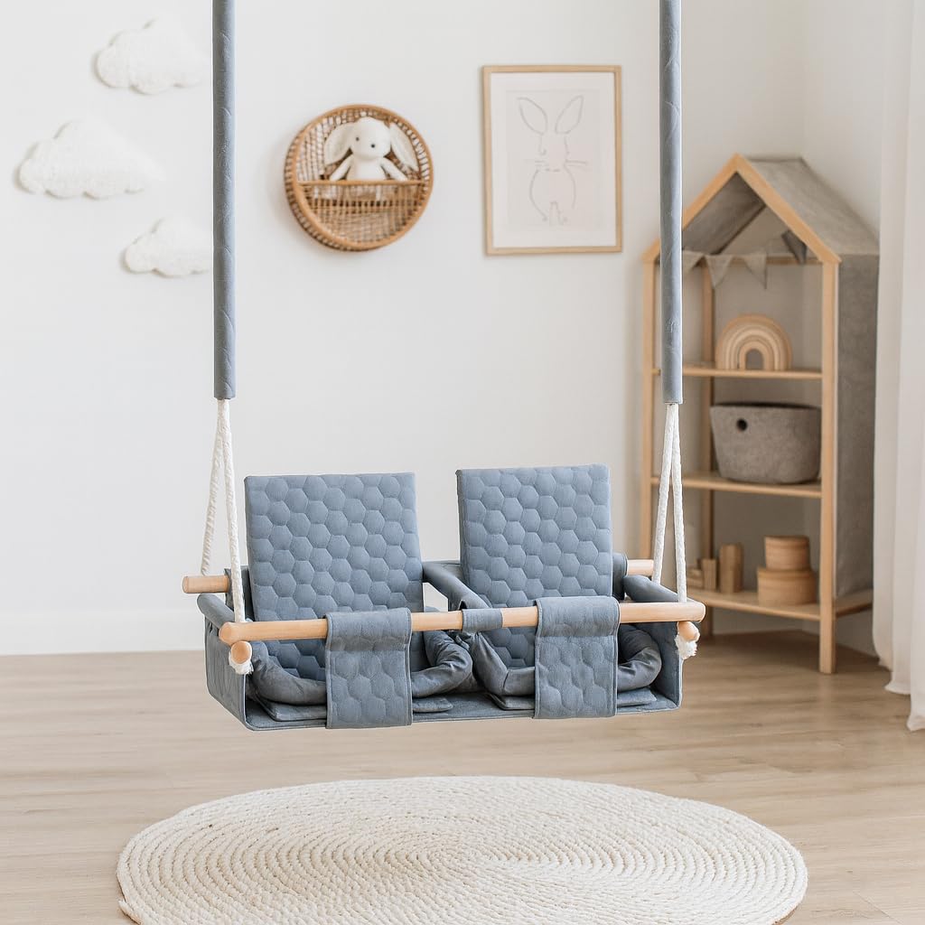 Altalena doppia per interni esterni, doppia seduta sicura con cinture, in legno naturale, 9-4 anni, carico 30 kg, grigio chiaro