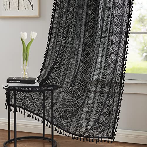 Black Boho Linen Textured Tassel Sheer Lace Curtains, Chic Crochet Geometry Knitting Rod Pocket Window Drapes for Living Room Bedroom, 2 Panels,84" L x 40" W