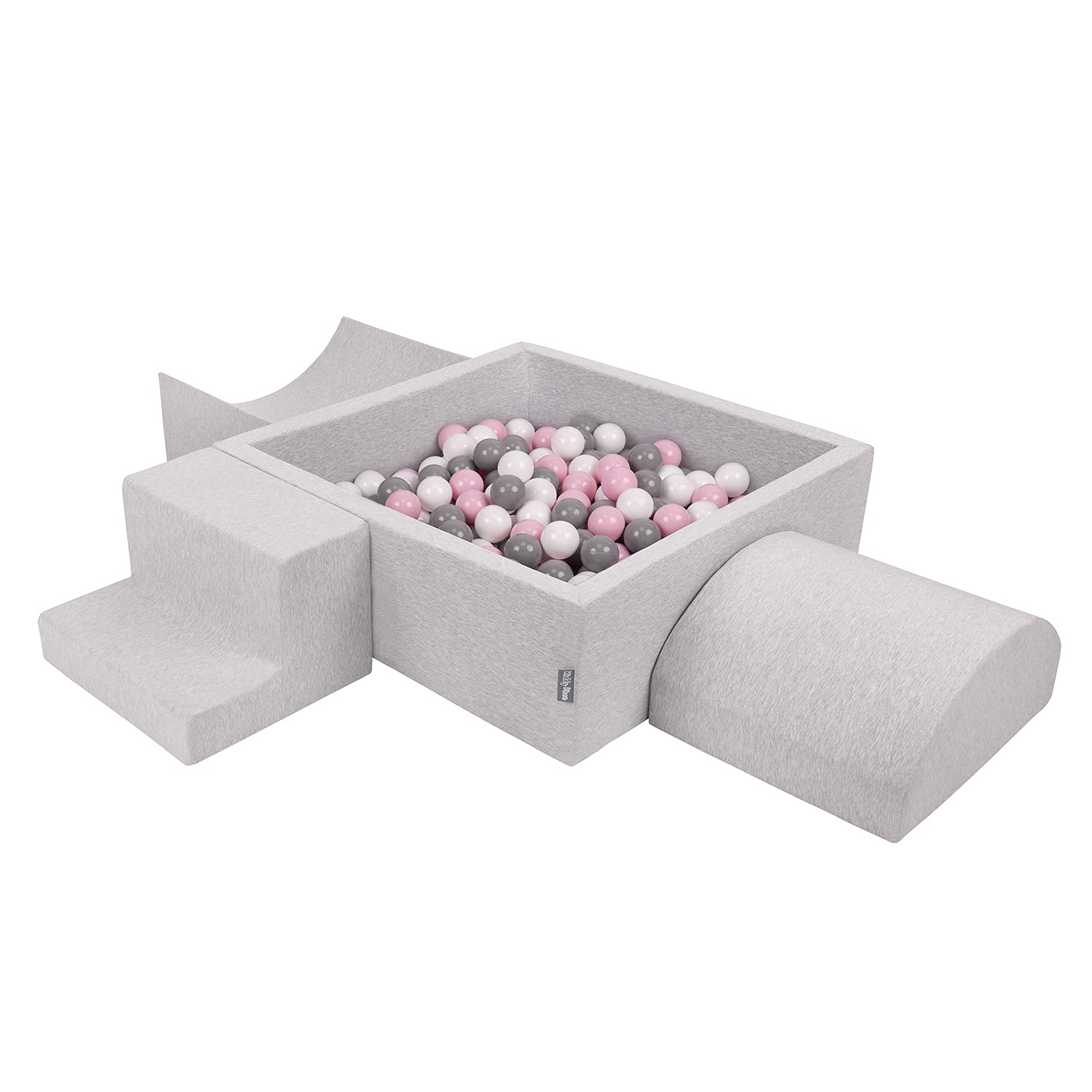 KiddyMoon Foam Playground For Kids With Square Ballpit (300 Balls ∅ 7Cm/2.75In) Soft Obstacles Course And Ball Pool, Made In The EU, Lightgrey:White/Grey/Powderpink