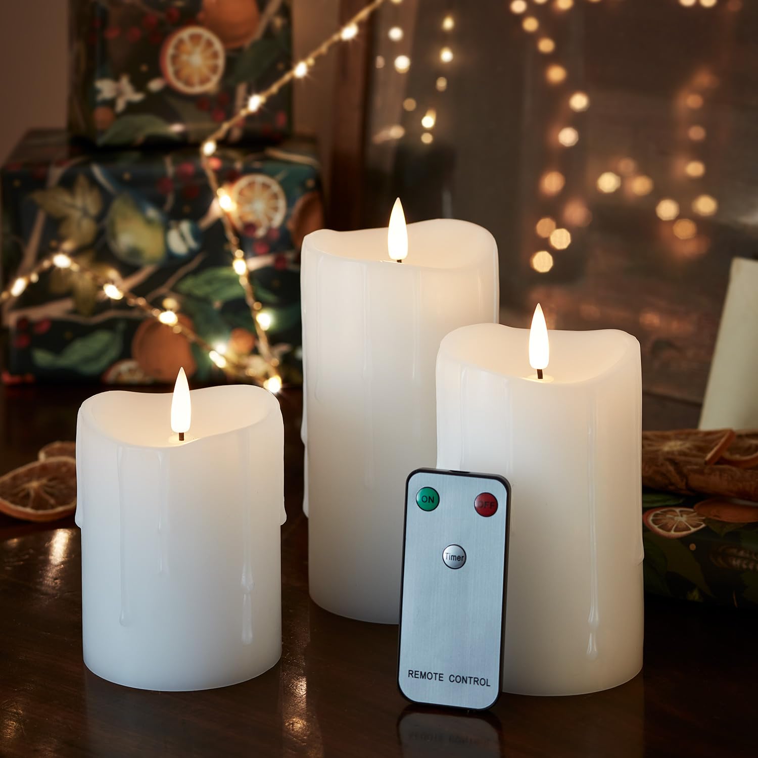 Lights4fun White Set Of 3 Truglow® Dripping Wax Battery Led Flameless Pillar Candles Real Wax With Remote Control