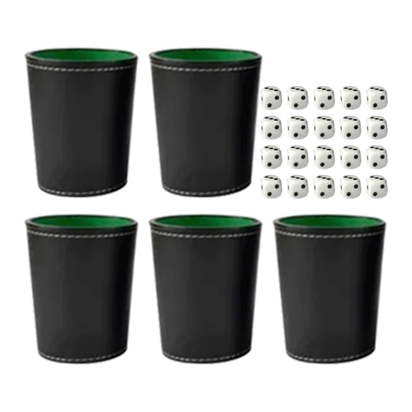 HERCHR 5Pcs Set di Tazze per Dadi in Pelle PU Fodera in Feltro Agitatore Silenzioso con 20 Dadi a Punti Scatola Nera Agitante per Yahtzee Farkle Bar Giochi di Dadi per Feste