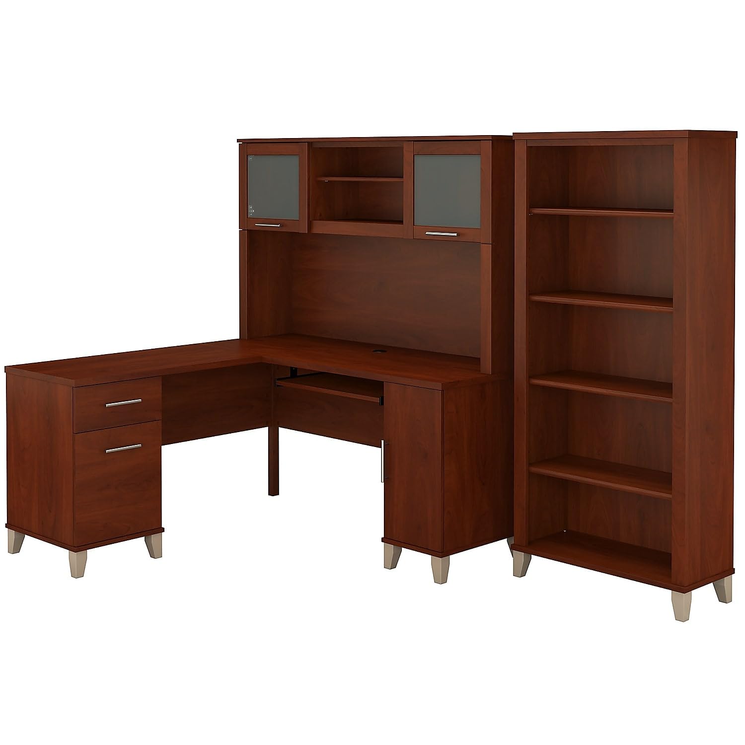 Bush Home Somerset 60W L Shaped Desk with Hutch and 5 Shelf Bookcase in Hansen Cherry