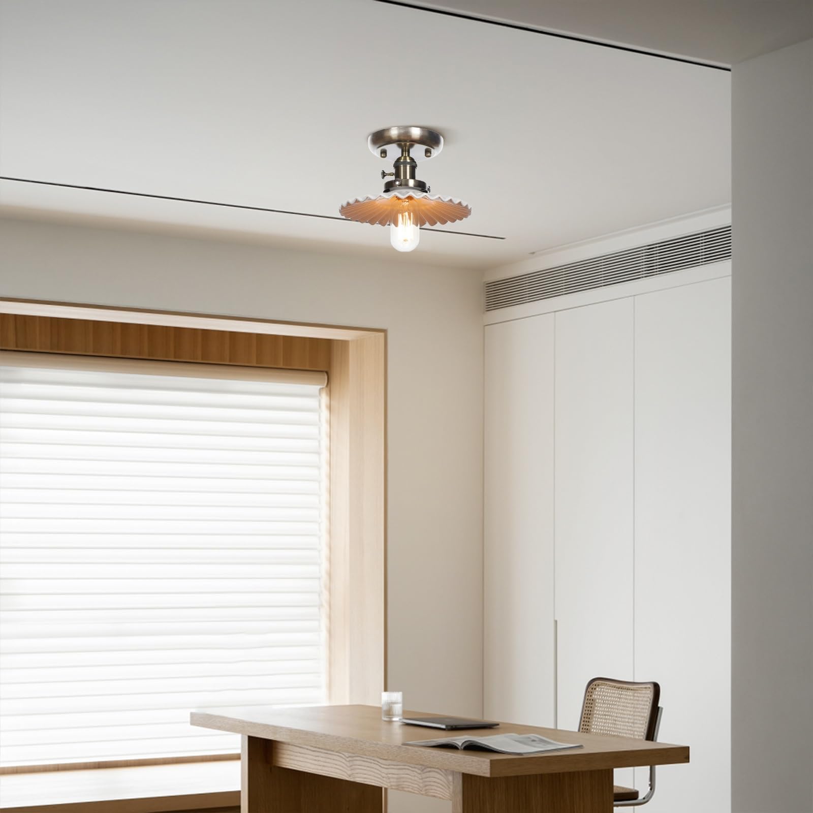 Lampa sufitowa do montażu częściowo podtynkowego - kinkiet ścienny przemysłowa lampa wisząca blisko sufitu | Biały plisowany klosz ceramiczny, oprawy oświetleniowe sufitowe 8.3"(Antique bronze)