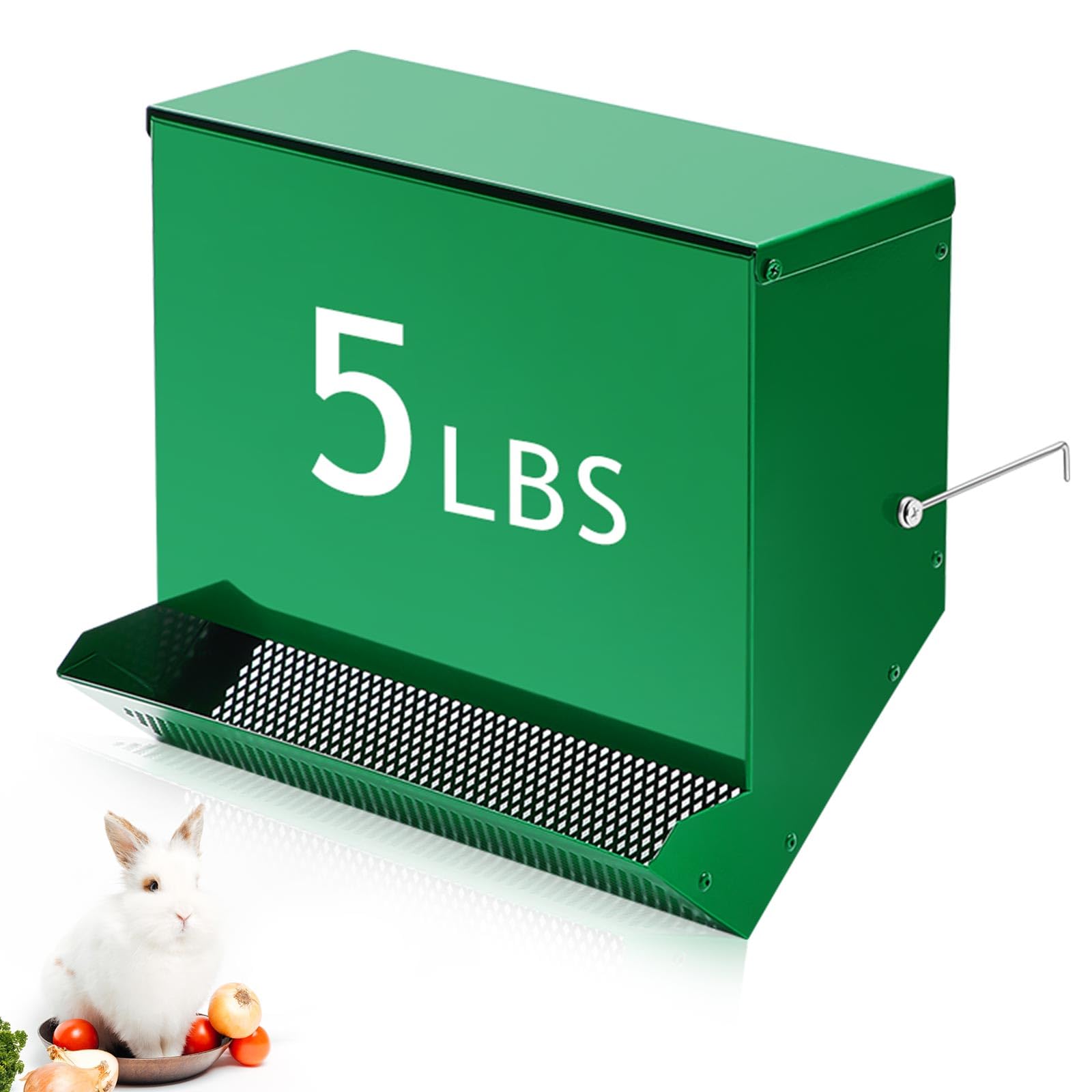 Maxcheck No-Waste Metal Rabbit Feeder for Cages, Large Hanging Food Dispenser with Mesh Bottom & Lid, Holds 5lb Feed for Several Days, Bunny & Small Pets