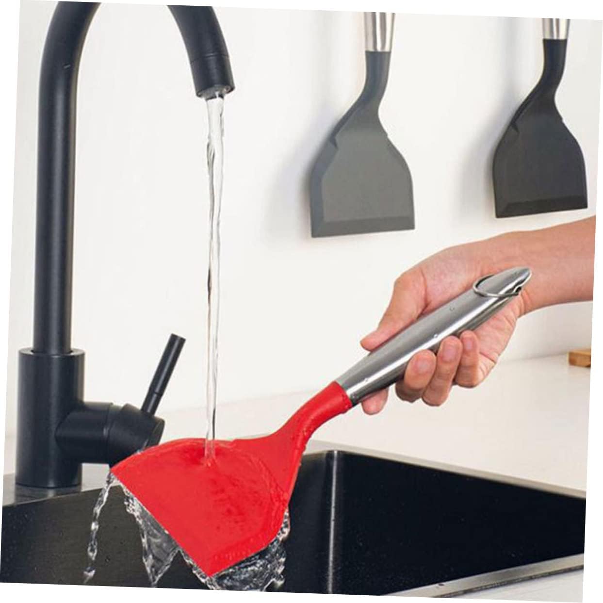 SHOWERORO 2pcs Heat Resistant Silicone Spatula Stainless Steel Handle for Cooking Frying and Serving Non-stick Kitchen Tool for Pancakes Steak and Pizza Black Red