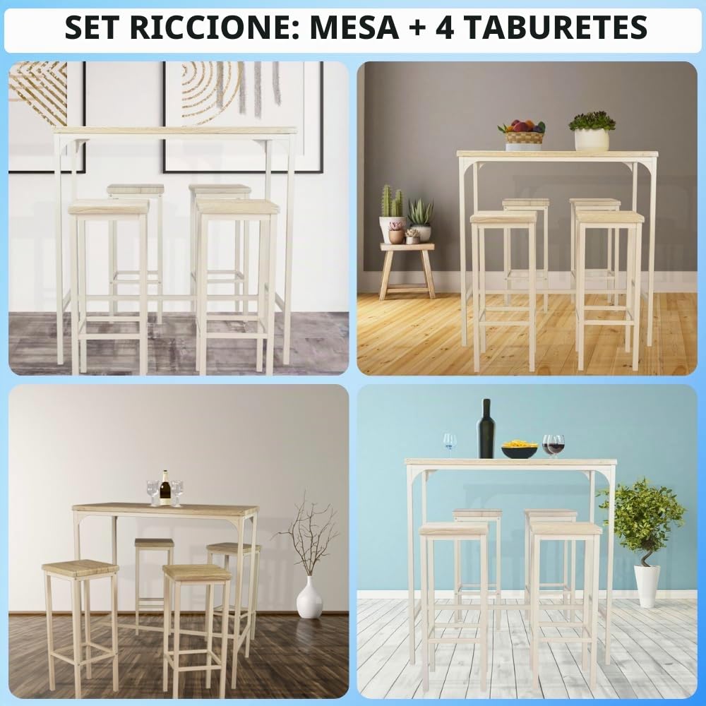 YELLOO Mod. RICCIONE Set de Mesa de Cocina Bar y 4 TABURETES Color Beige 110 cm x 66 cm x 110 cm Altura