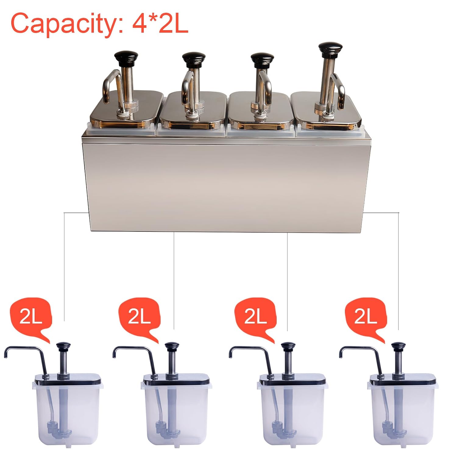 8.46 Quart Condiment Pump Station, Stainless Steel Sauce Pump Dispenser-Anti-Clogging & Drip Pump Head| for Ketchup jam Salad Dressing|Restaurant Home Kitchen Buffet Use (2L-4head)