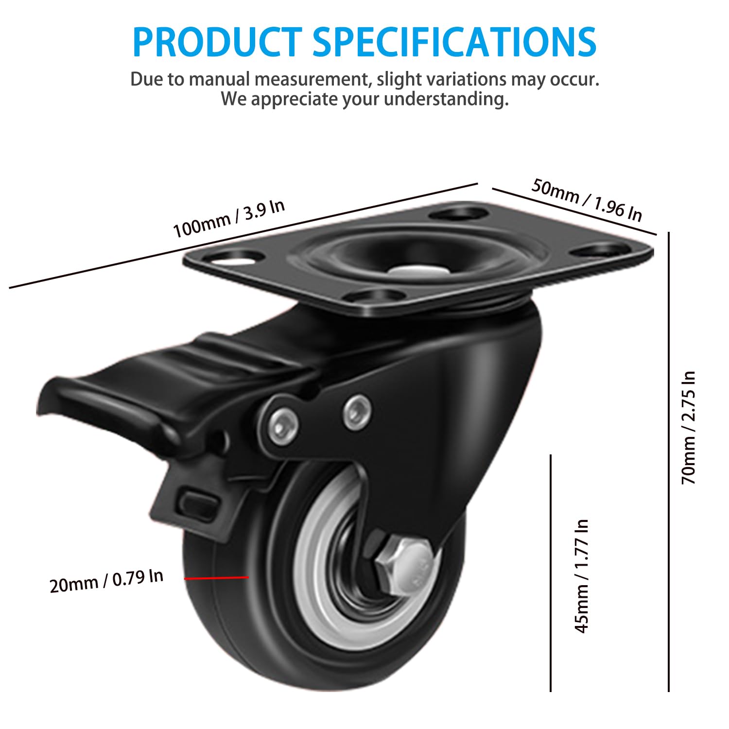 CoralBloom Castor Wheels, 50mm Caster Wheels Set of 4 with Brakes, 360 Rotating - Image 3