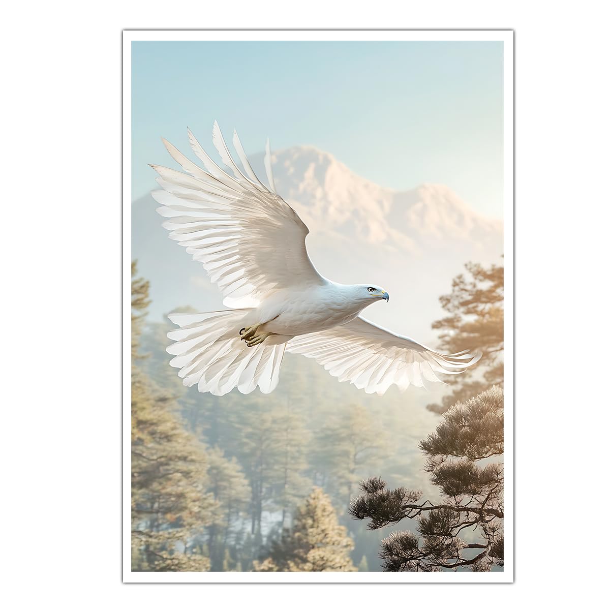 CHERHERART Affiche en toile de vol de l’aigle blanc Forêt de pins enneigés Peinture murale de la faune Inspirant toile de nature Tirages pour bureau 80x120cm sans cadre
