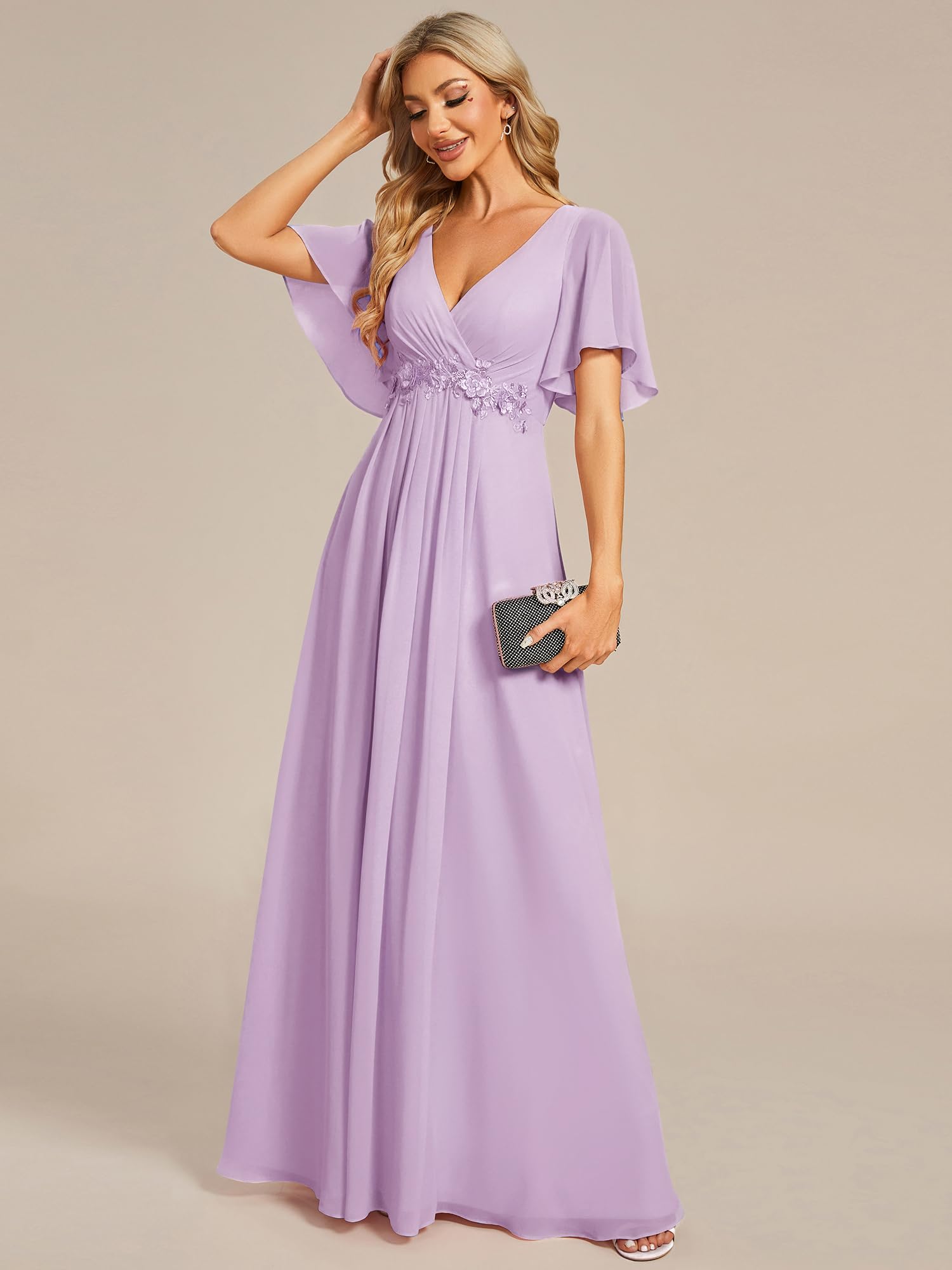Ever-Pretty Abito T Meno di Nozze Lungo Appliqu Scollo a V Manica Corta Chic EE01960