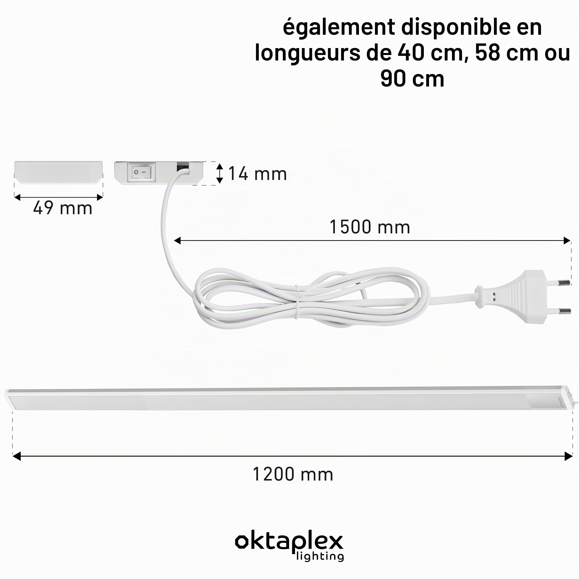 Oktaplex lot de 1 Riva réglette LED cuisine 120 cm | 15 W avec 1150 lm en blanc neutre 4000K sur 230V, aluminium, avec interrupteur
