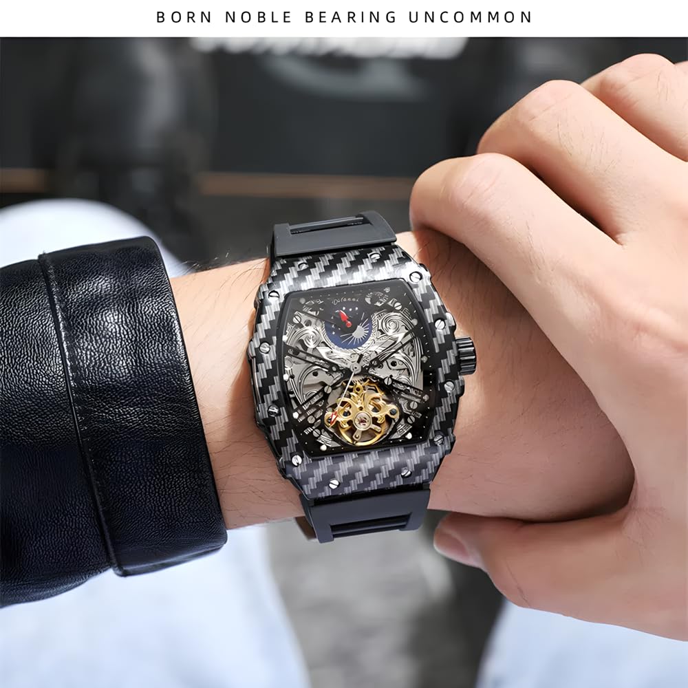 Męski czarny szkielet automatyczny zegarek mechaniczny luksusowy Tourbillon Hollow Vintage zegarki Tonneau cyferblat silikonowy pasek zegarek na rękę