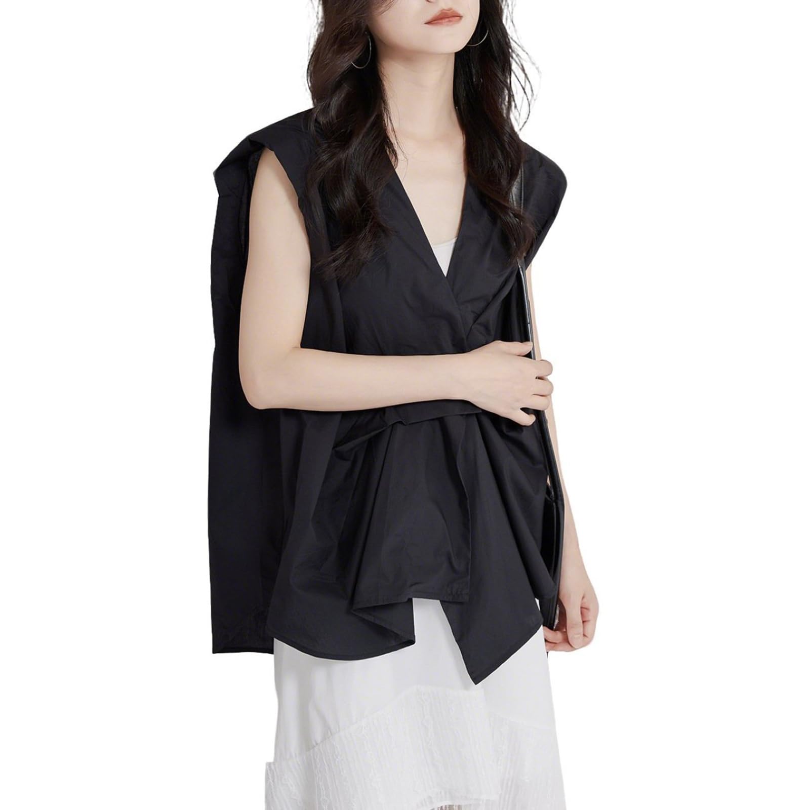 Womens Sleeveless Shirts Loose V Neck Wrinkles Irregular Tank Tops Solid Casual Dressy Work Shirt