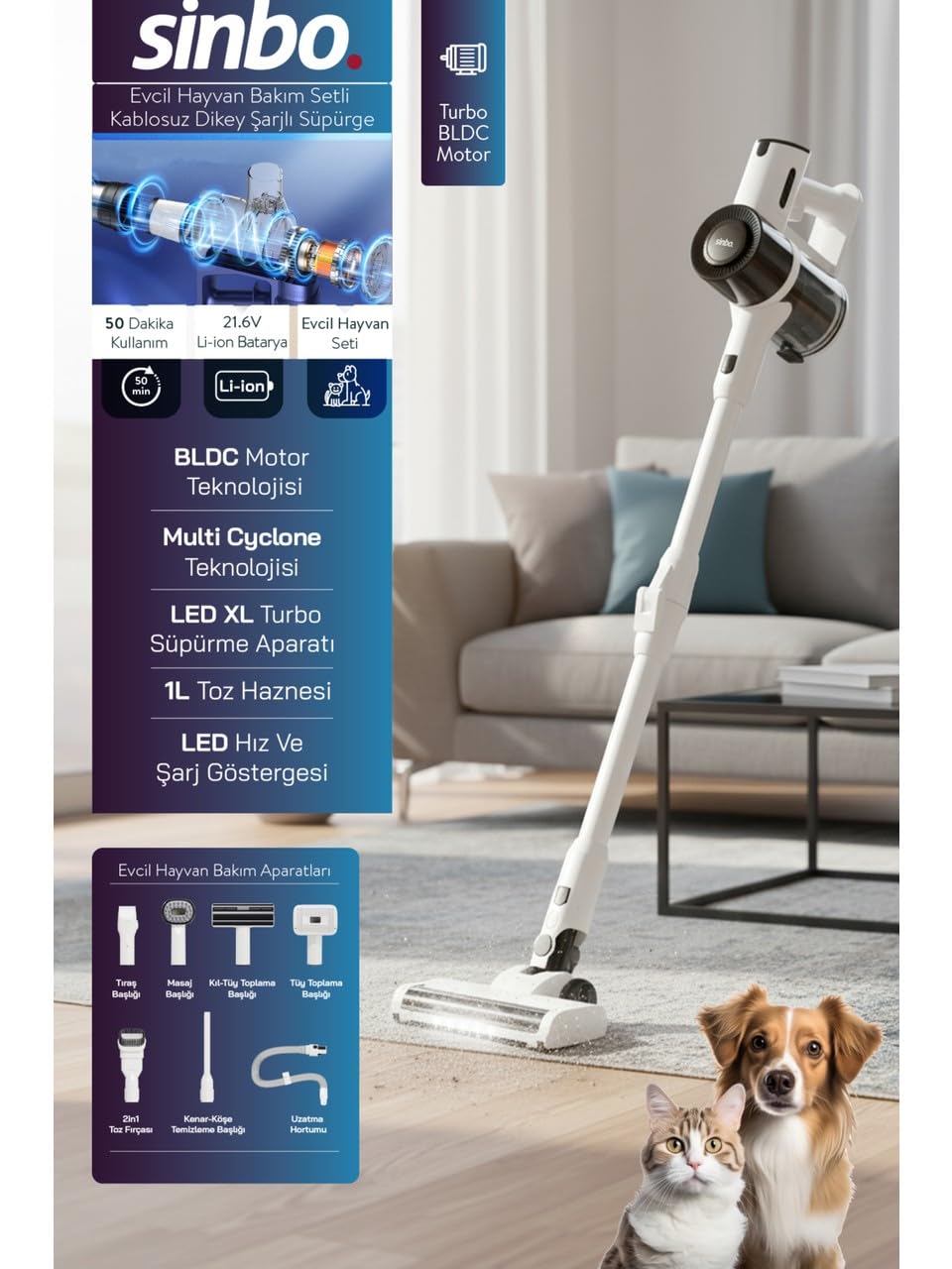 Sinbo SVC-8634 vacuum cleaner with an ergonomic folding tube, reaching under a sofa where a cat is resting.