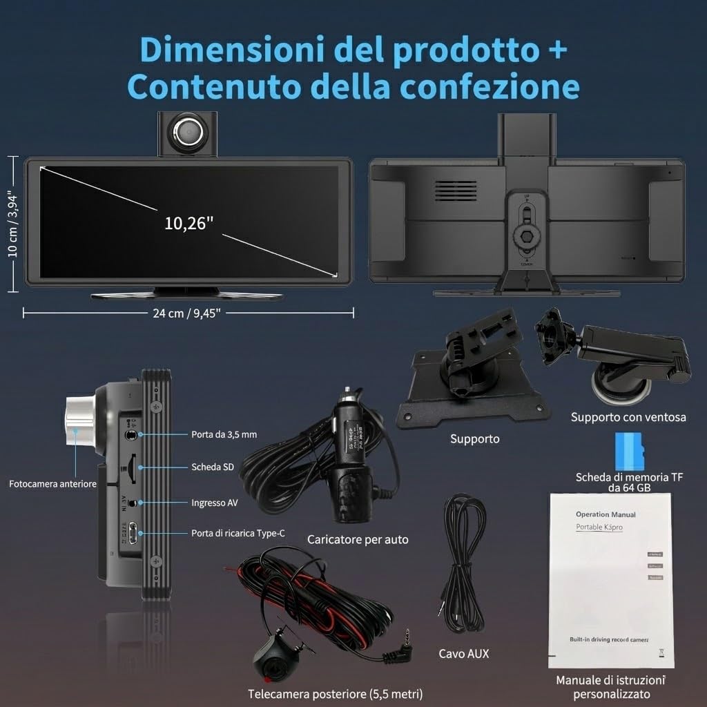 Schermo CarPlay Auto 10,26", Car Play per Auto Wireless e Android Auto, Dash Cam 4K, Supporto Retrocamera 1080P, Schermo per Auto IPS Touch, Mirror Link, BT/FM/AUX, TF 64GB, Plug and Play 12V/24V