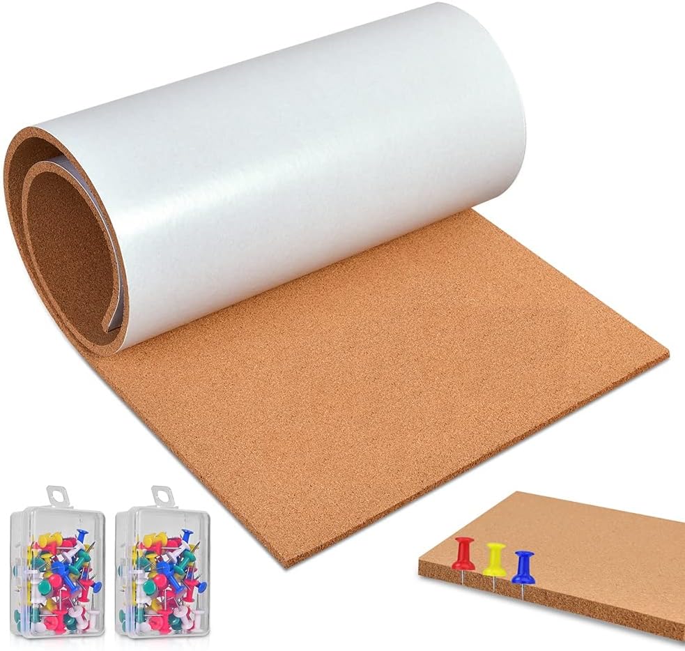 – Okydoky Self-Adhesive Cork Board Roll, 8mm Thick, 40x120cm, With 100 Push Pins, For Office, Home, School