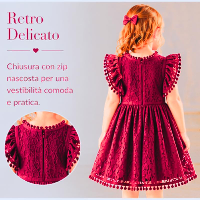 OrJana Mädchenkleid aus Spitze mit Rüschenärmeln und Pompon-Details