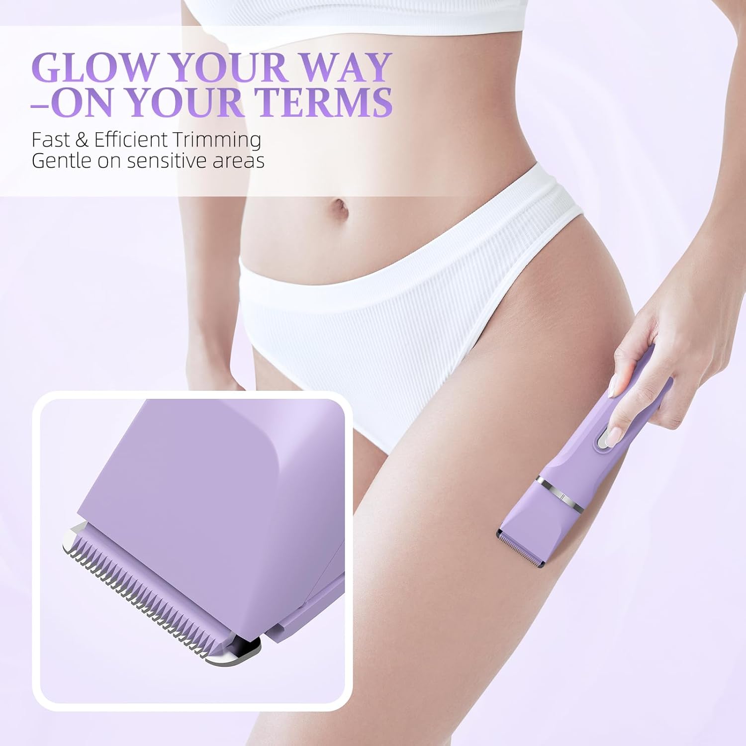 5-in-1 Bikini Trimmer for Women, IPX7 Waterproof Electric Razors Shaver, Cordless Body Hair Trimmer, Facial & Pubic Hair Removal, Ceramic Blade (Purple) - Image 5