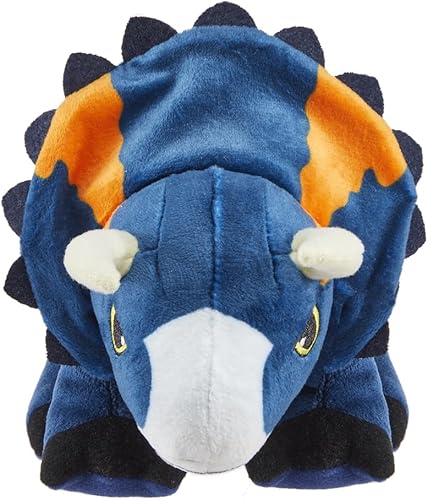 Miniatura 1 de Dinosaurio Nasutoceratops de peluche inspirado en el dominio del mundo jurásico  Hace un sonido rugido de dinosaurio  Azul y naranja