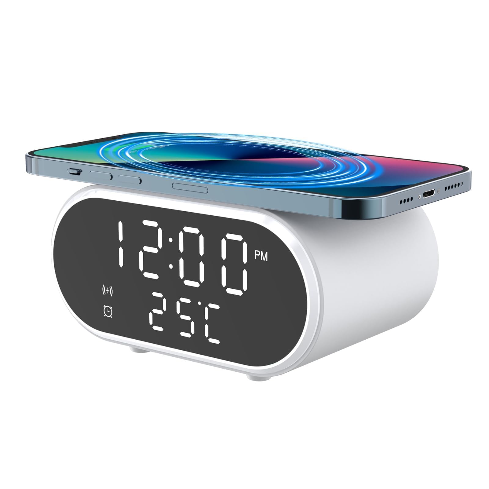 ingoodtle 3-in-1 Digital Alarm Clock with 15W Fast Wireless Charging for Phones, Rechargeable Bedside Alarm Clock with Temperature Date Dimmable Led Display for Bedroom Desk Office Home Dorm (White)