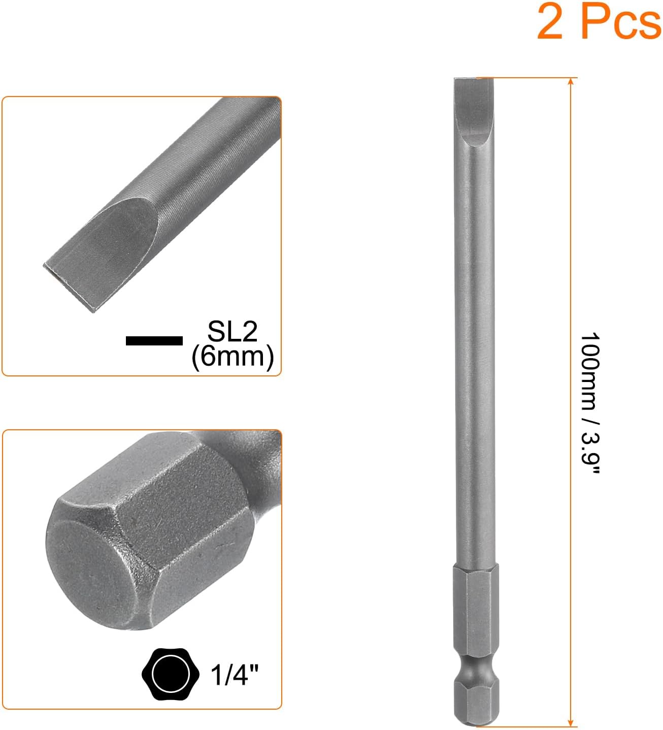 HARFINGTON 2pcs SL6 Magnetic SLotted Screwdriver Bits 6mm S2 Steel Flat Head Screwdriver Bit 1/4" Hex Shank Industrial Grade Screw Driver Drill Bits 100mm (3.9") Long for Screws