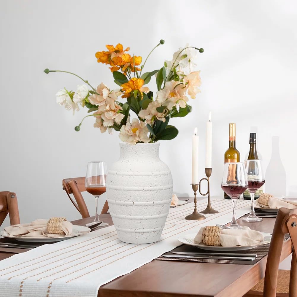【2点】VINTAGE Monotone Flower Base Modern Hollyone Rustic Ceramic Flower Vase,22CM White Vintage Plant Vase