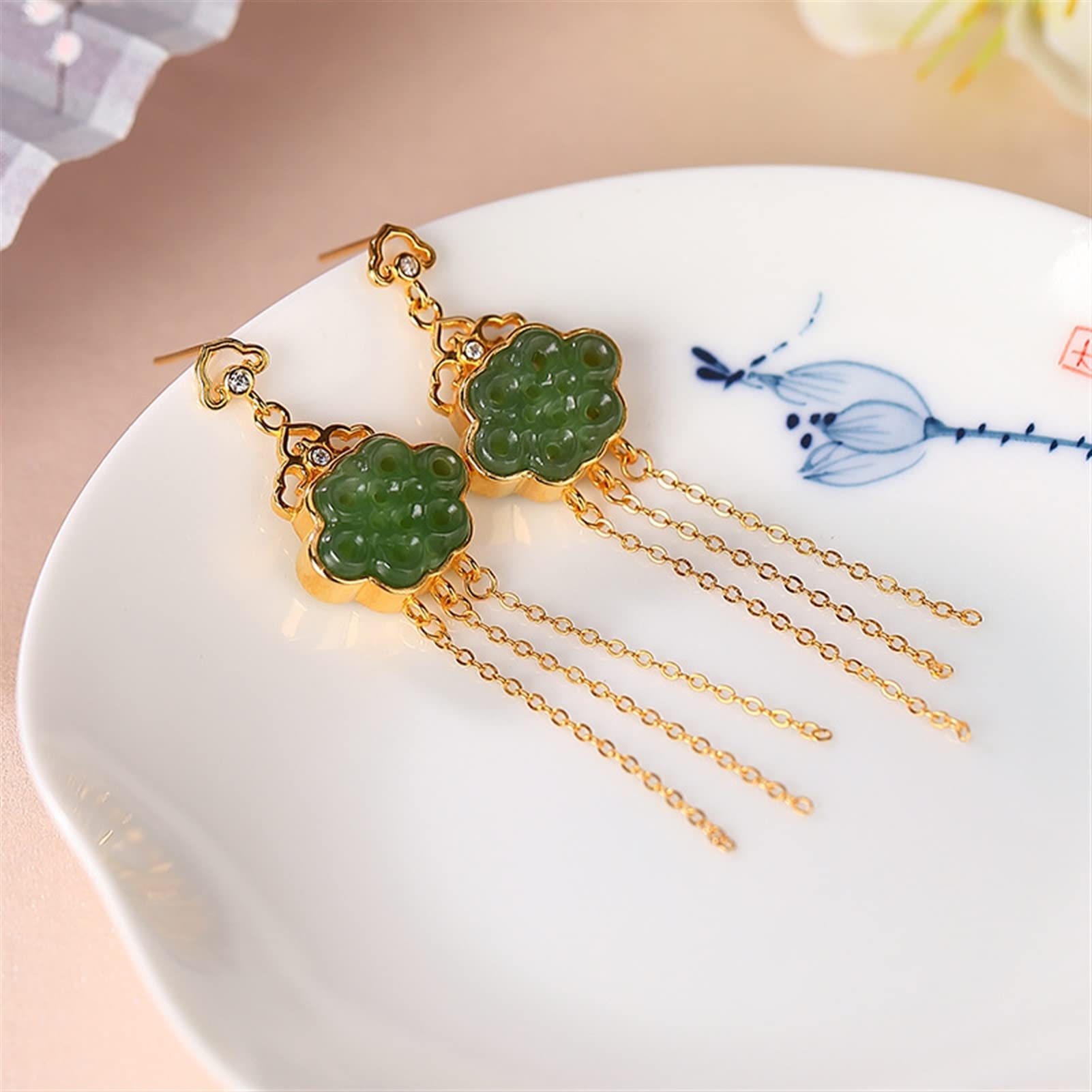 Pendientes de plata S925 chapados en oro con jade hetiano, pendientes con borlas para mujer, joyería para novia