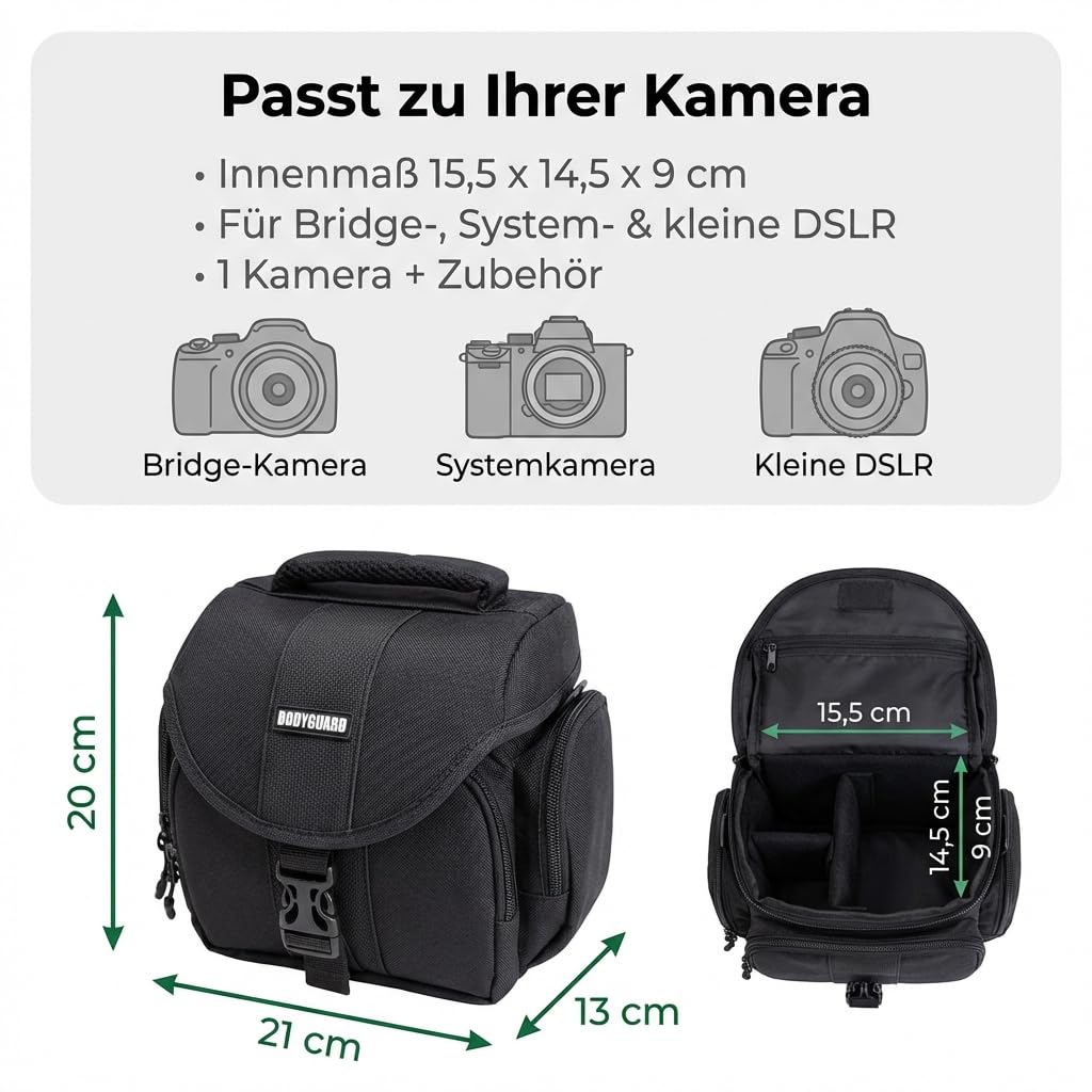 Bodyguard Borsa Fotografica per Bridge, Mirrorless e Piccole DSLR fotocamere, adatta a Panasonic FZ82, FZ1000, Sony HX400V, Nikon B500, B600, B700, Canon EOS M50, M100, Sony Alpha 6000, XL
