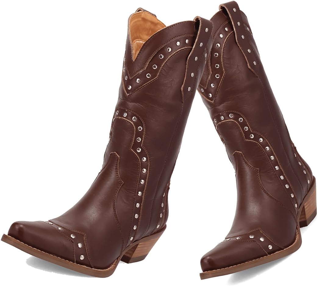 Women Chunky Heel Cowboy Calf Boots Slip On Mid Calf Western Boots Pointed Toe Studded Cowgirl Booties 2” Stacked Block Heel Short Boots Party Vintage Fashion 4-11 M US