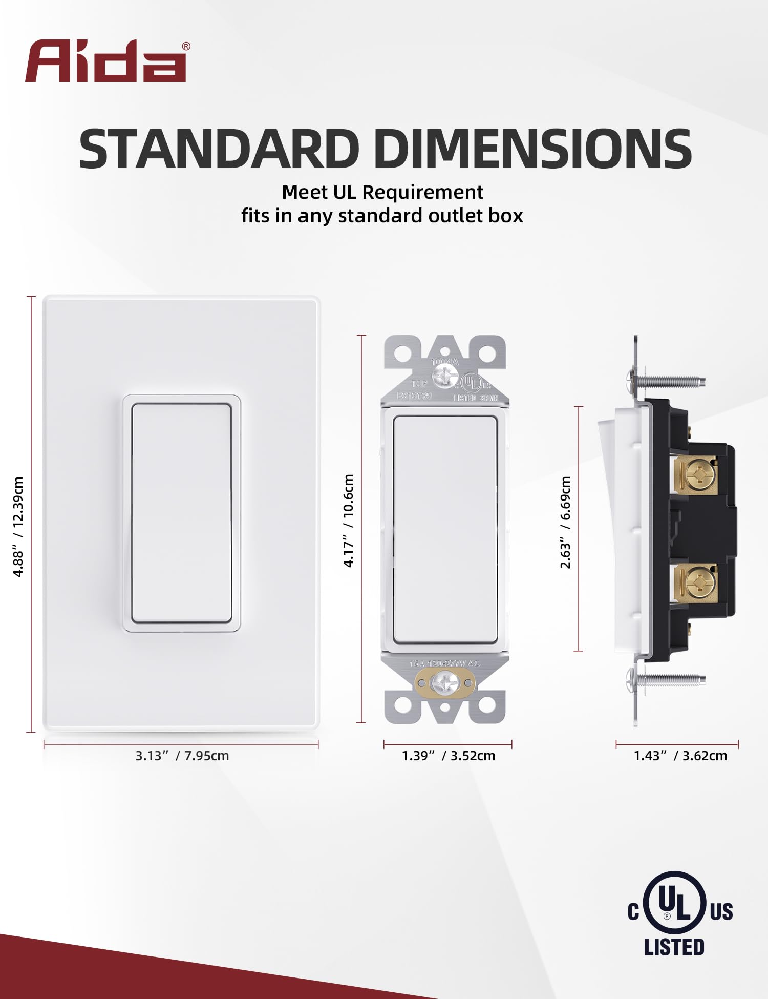 AIDA Matte White Rocker Light Switch - 15 Amp Single Pole, Self-Grounding, With Wall Plate (20 Pack) - View #4